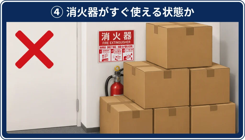 ④ 消火器がすぐ使える状態か