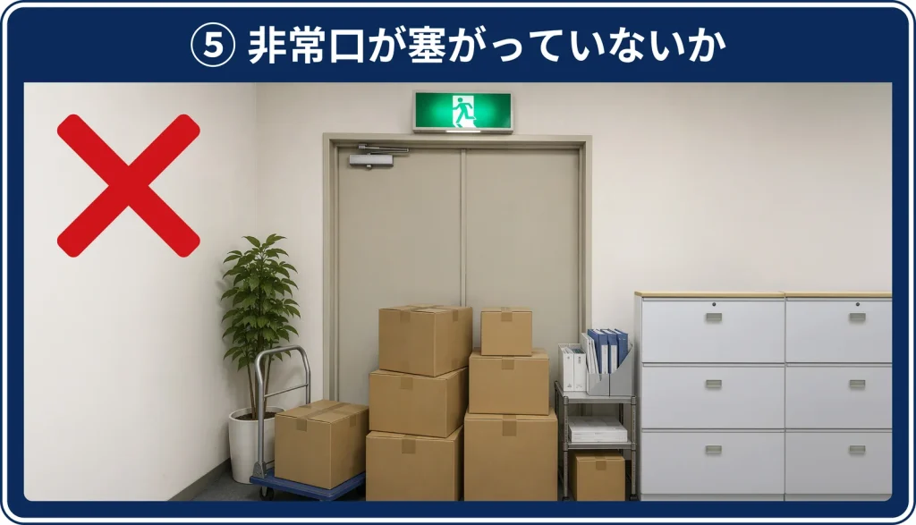 ⑤ 非常口が塞がっていないか